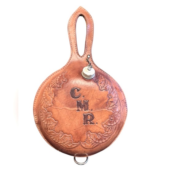 Vintage tooled leather saddle canteen with initials - Picture 1 of 3